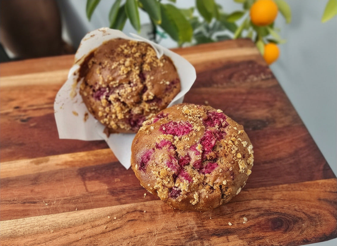 RASPBERRY & LEMON SOURDOUGH MUFFINS x 2 (GF VEGAN)