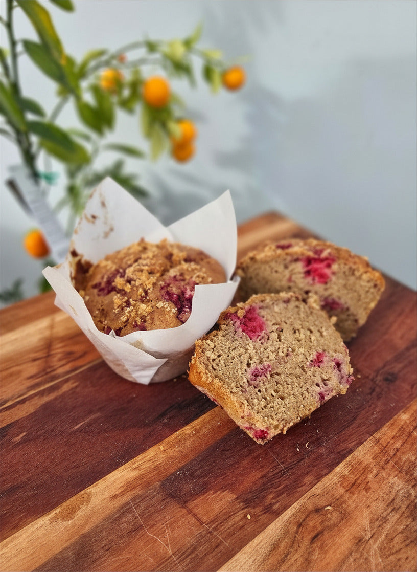 FREEZER STOCK RASPBERRY & LEMON SOURDOUGH MUFFINS x 2 (GF VEGAN)