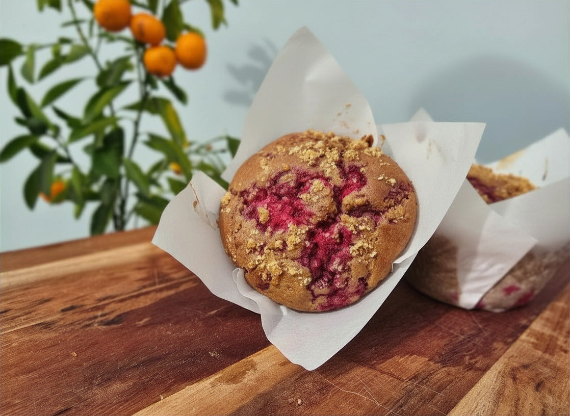 FREEZER STOCK RASPBERRY & LEMON SOURDOUGH MUFFINS x 2 (GF VEGAN)